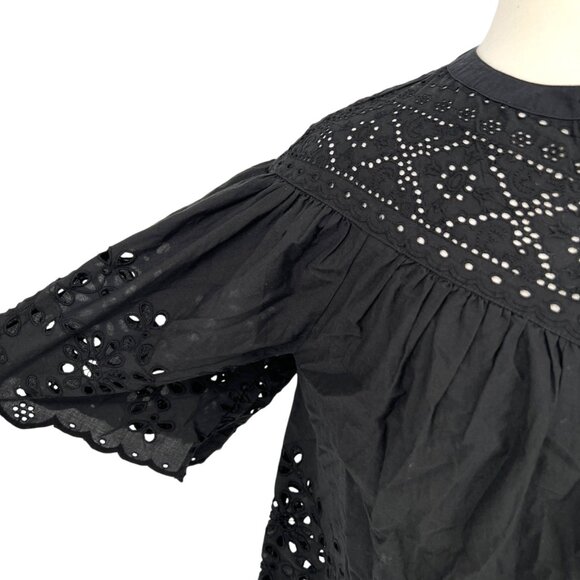 Madewell Embroidered Shirred Short Sleeve Cotton Blouse Black Size XS NWT - Picture 3 of 9